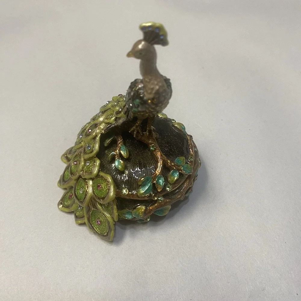 Enameled Rhinestone Peacock Trinket Box Jewelry Ring Holder Magnet Closure
